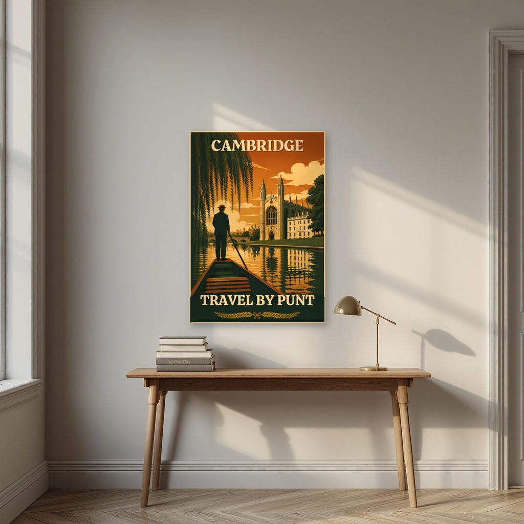 Travel By Punt — Cambridge art print, unframed poster, styled in a desk