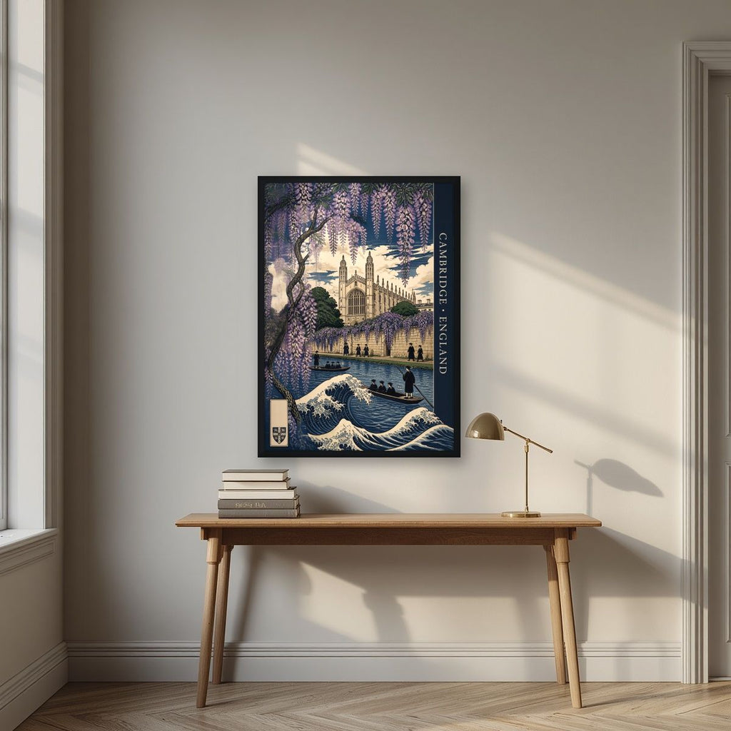 Wisteria And Wave — Cambridge art print, in a black frame, styled in a desk