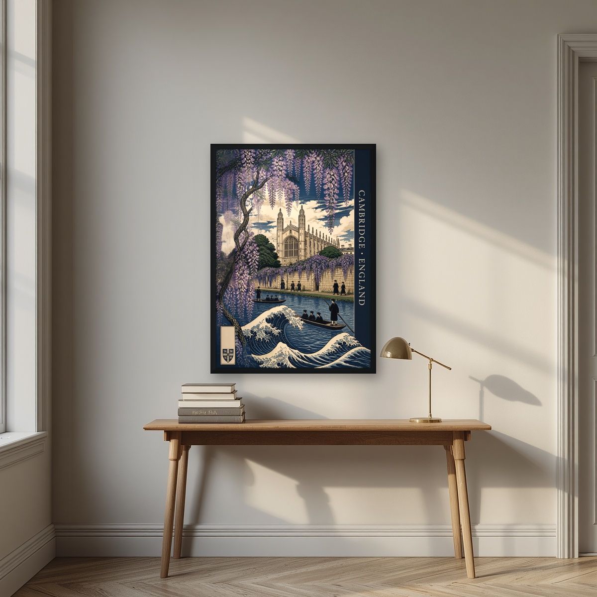 Wisteria And Wave — Cambridge art print, in a black frame, styled in a desk