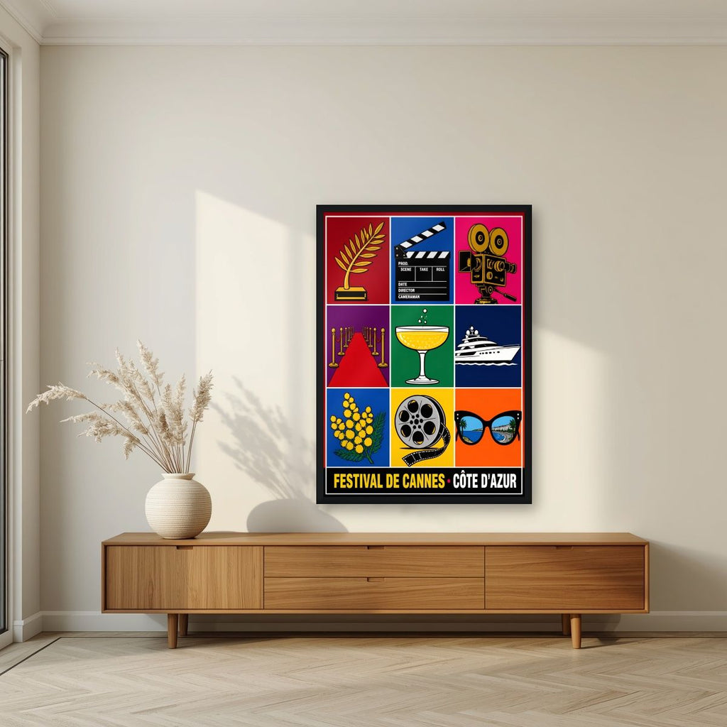 Festival de Cannes — Cannes art print, in a black frame, styled in a living room