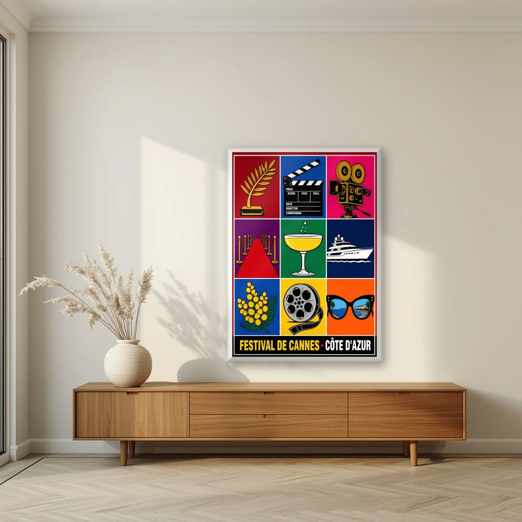 Festival de Cannes — Cannes art print, in a white frame, styled in a living room