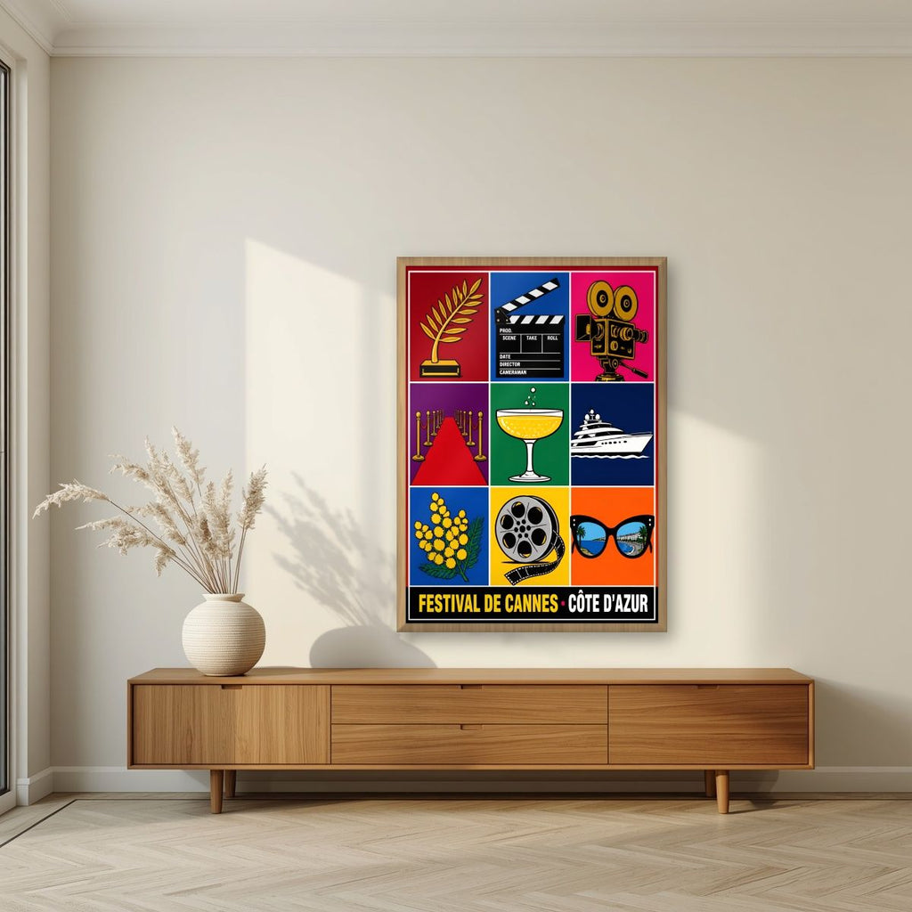 Festival de Cannes — Cannes art print, in an oak frame, styled in a living room