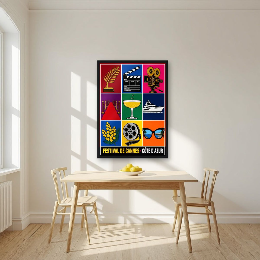 Festival de Cannes — Cannes art print, in a black frame, styled in a kitchen