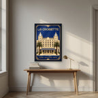 La Croisette — Cannes art print, in a black frame, styled in a desk