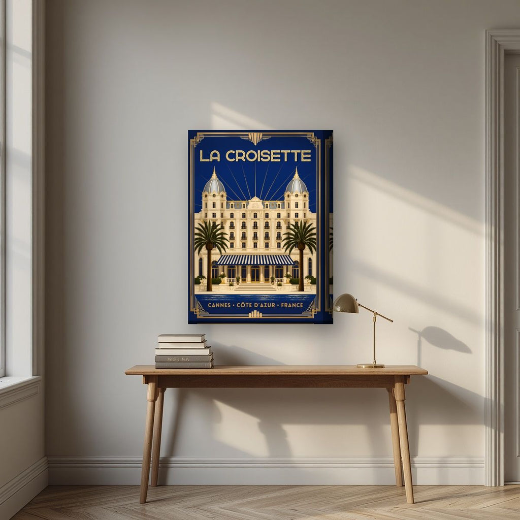 La Croisette — Cannes art print, on thick canvas, styled in a desk