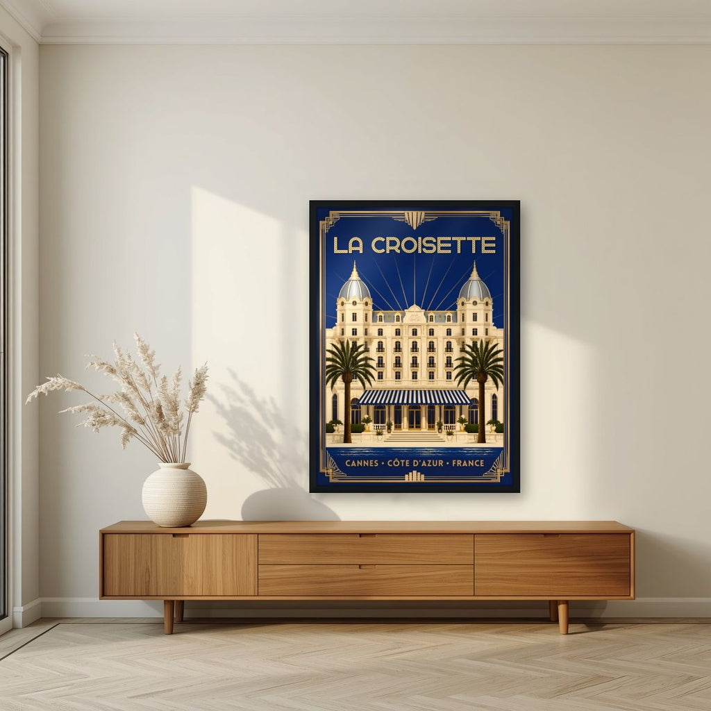 La Croisette — Cannes art print, in a black frame, styled in a living room
