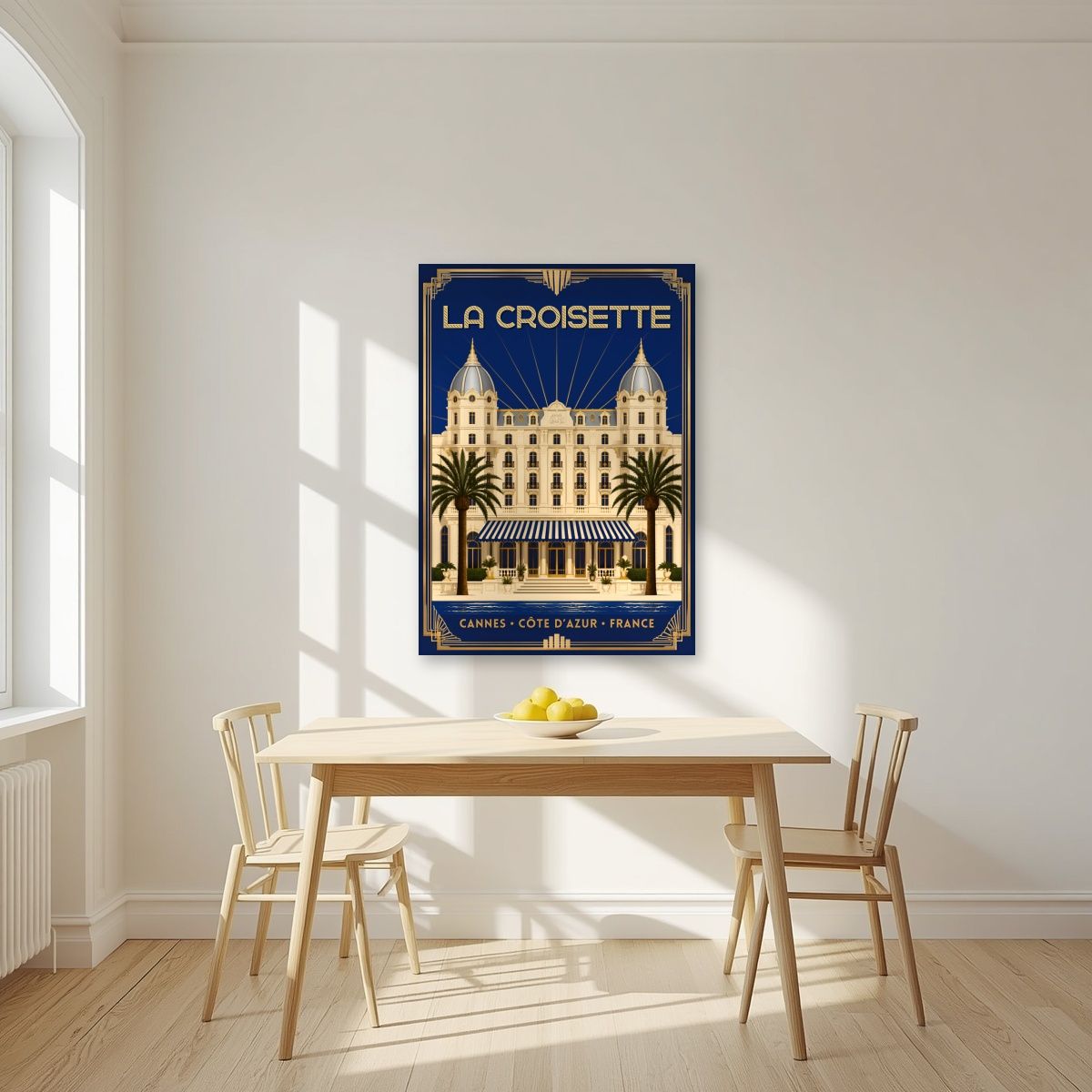 La Croisette — Cannes art print, unframed poster, styled in a kitchen