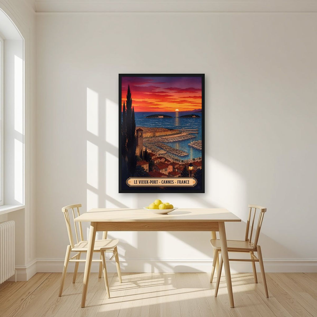 Le Vieux-Port — Cannes art print, in a black frame, styled in a kitchen