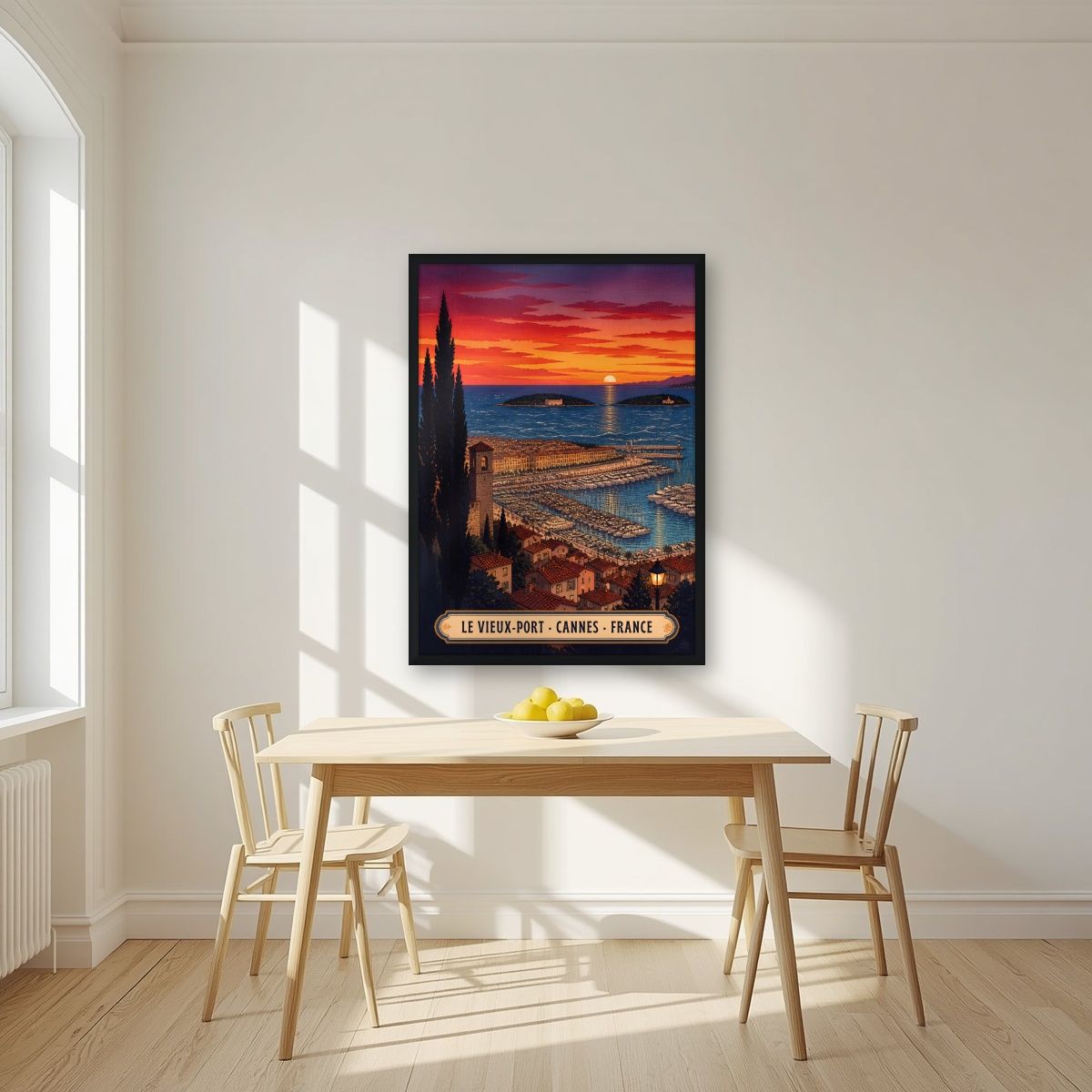 Le Vieux-Port — Cannes art print, in a black frame, styled in a kitchen