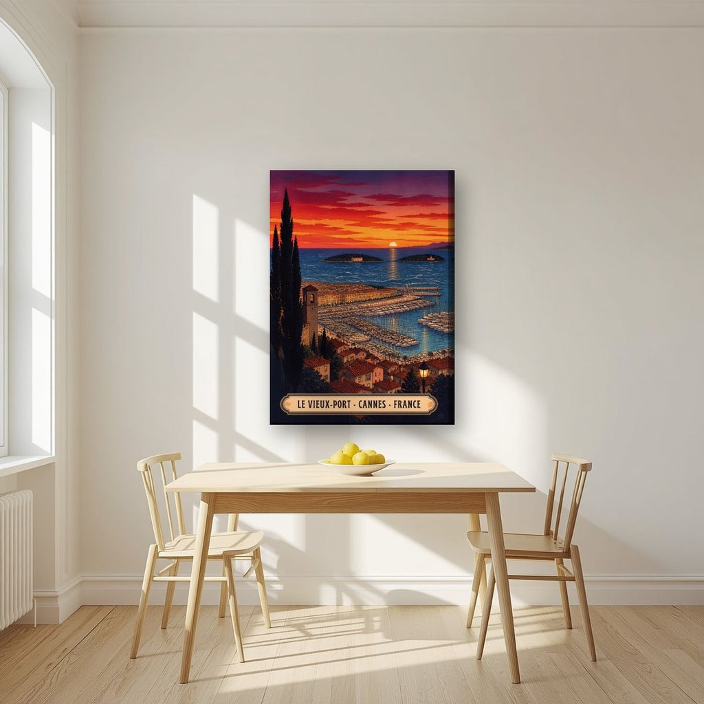Le Vieux-Port — Cannes art print, on slim canvas, styled in a kitchen
