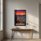 Le Vieux-Port — Cannes art print, in a black frame, styled in a desk