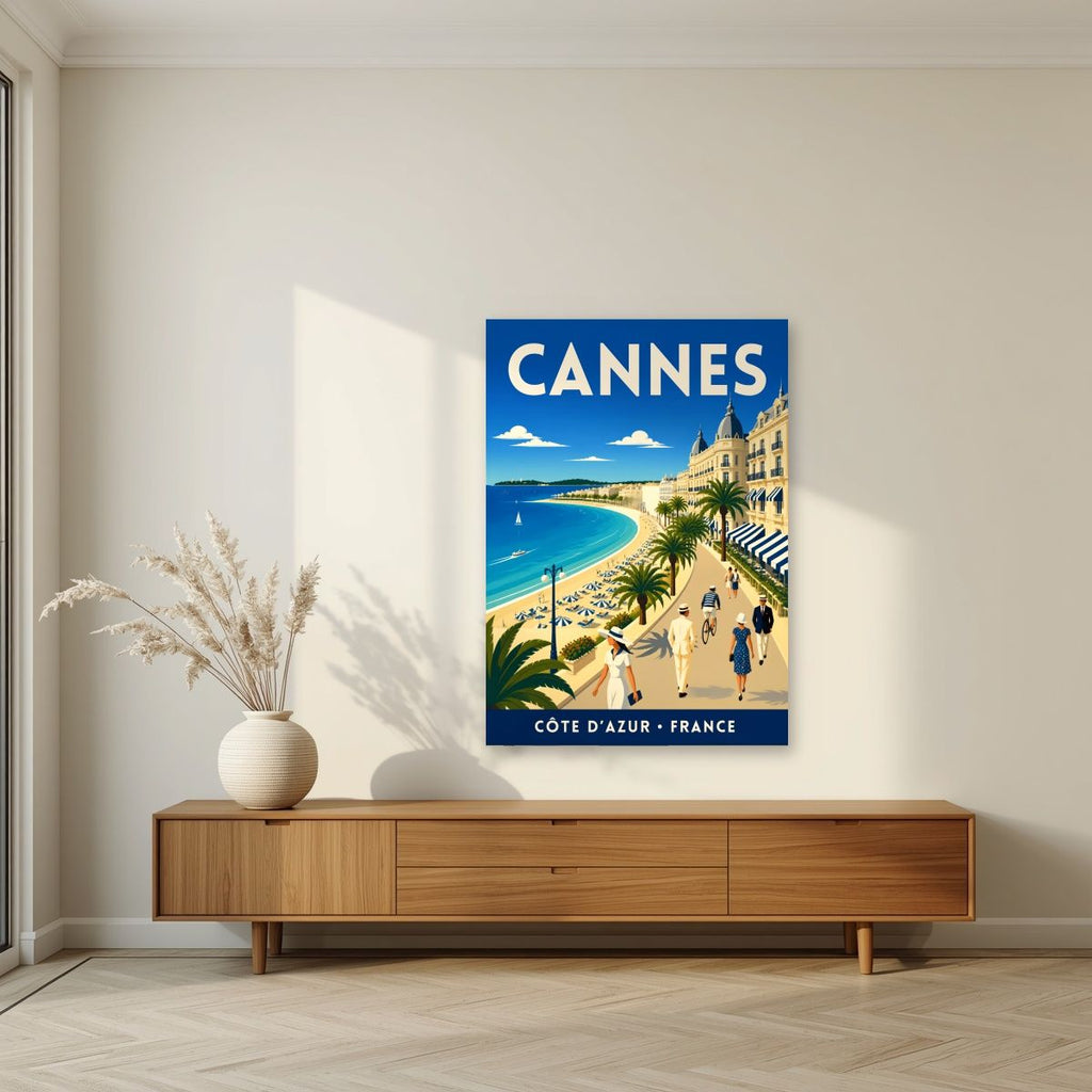 Les Élégants — Cannes art print, unframed poster, styled in a living room