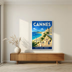 Les Élégants — Cannes art print, in a white frame, styled in a living room