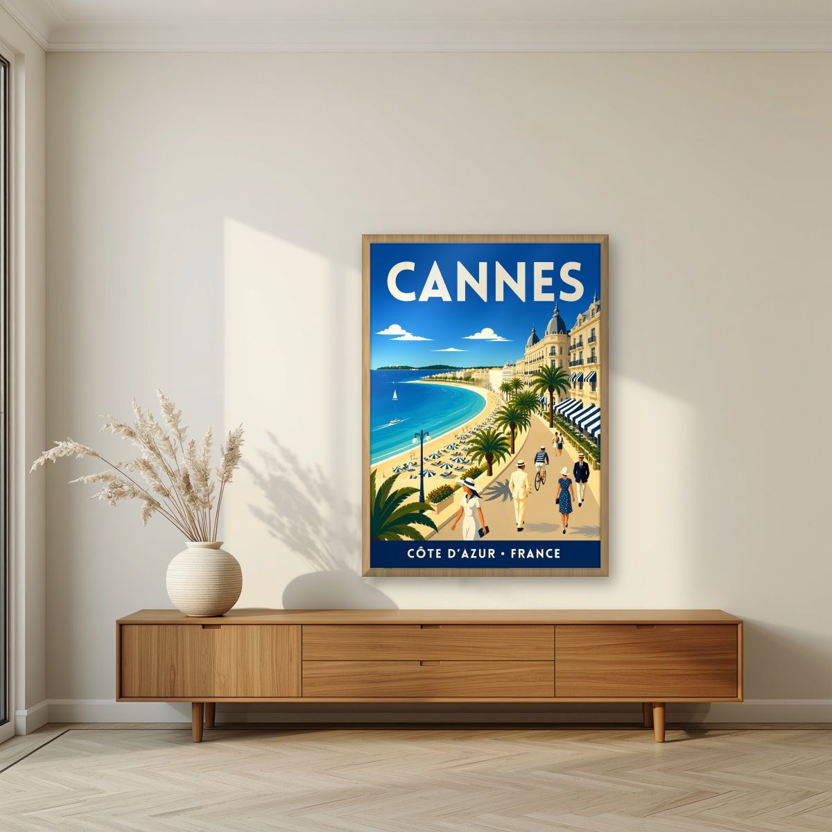 Les Élégants — Cannes art print, in an oak frame, styled in a living room