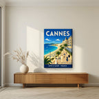 Les Élégants — Cannes art print, on slim canvas, styled in a living room