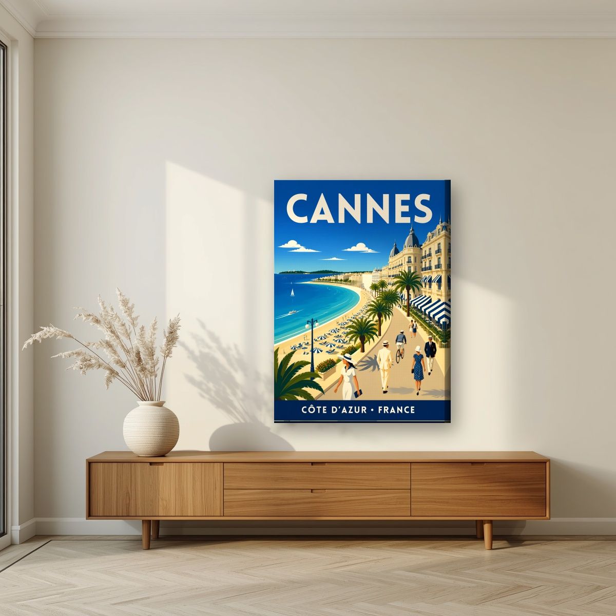 Les Élégants — Cannes art print, on slim canvas, styled in a living room