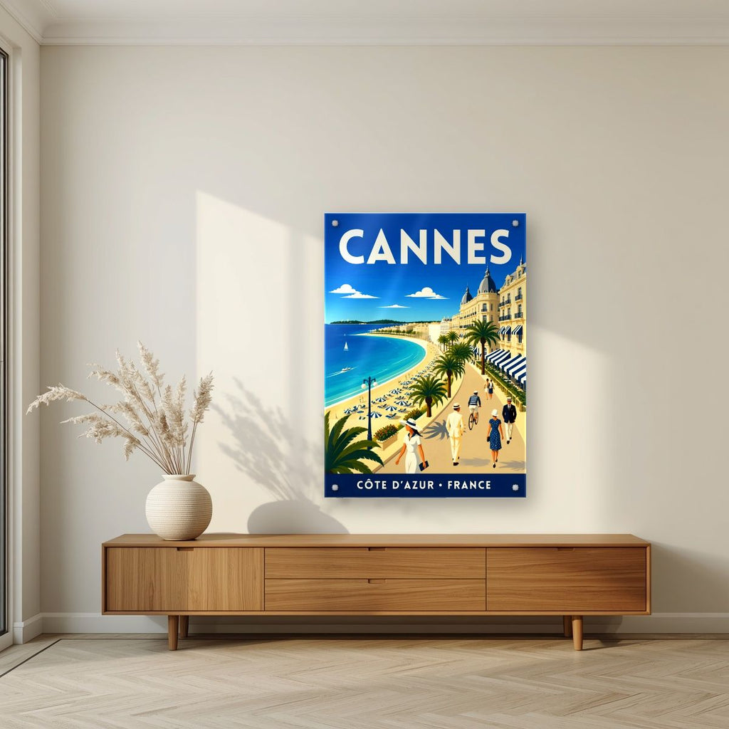 Les Élégants — Cannes art print, as an acrylic print, styled in a living room