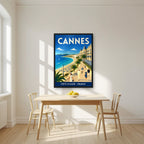 Les Élégants — Cannes art print, in a black frame, styled in a kitchen
