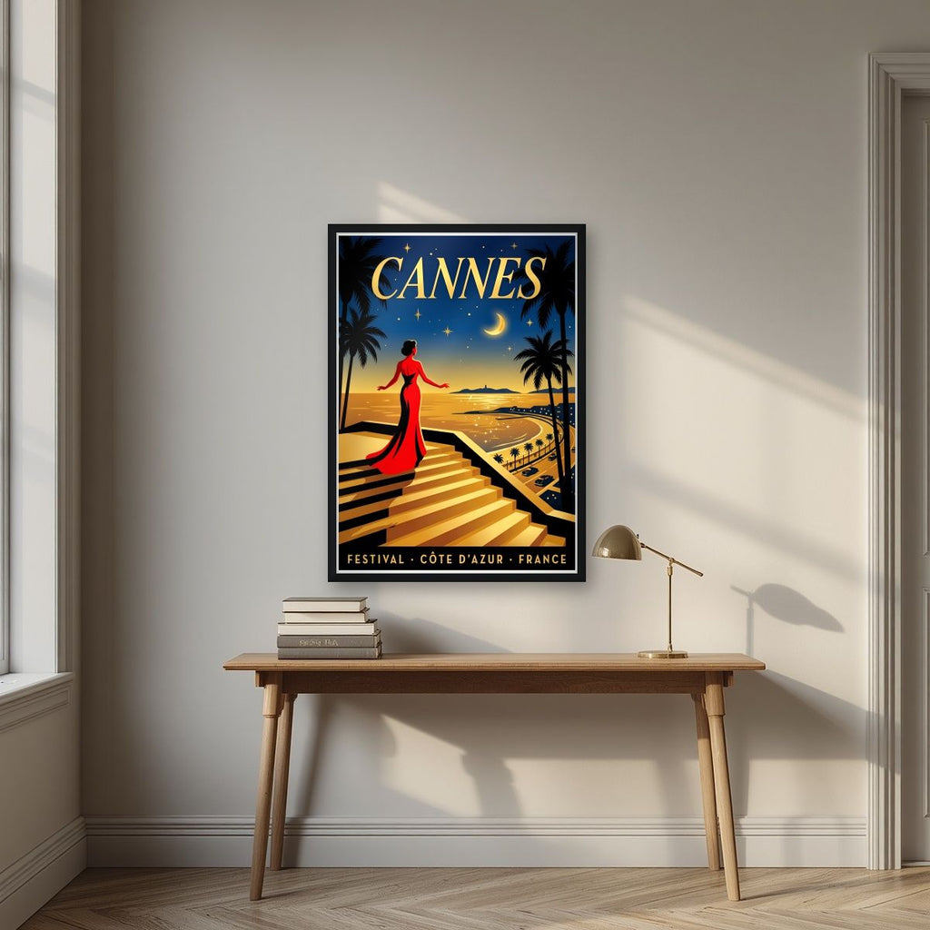 Les Marches — Cannes art print, in a black frame, styled in a desk