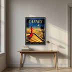 Les Marches — Cannes art print, in a black frame, styled in a desk