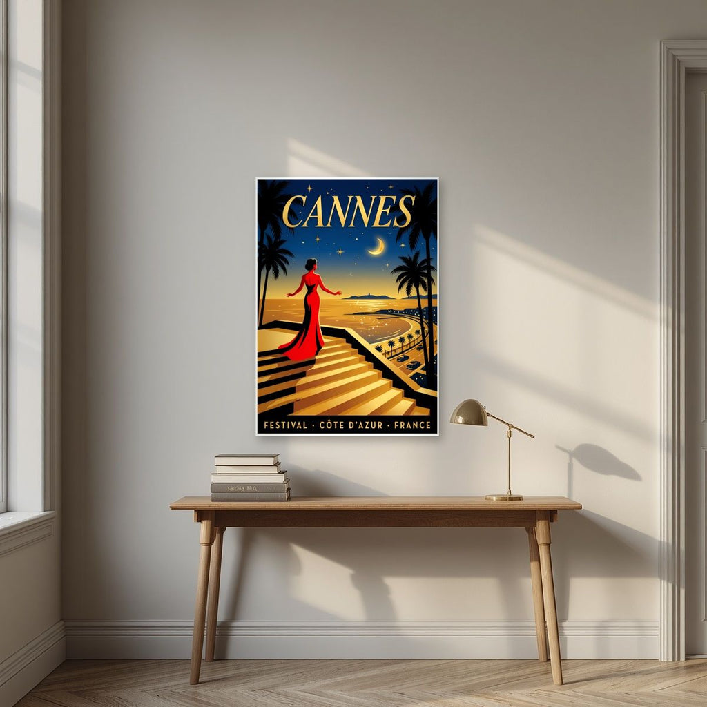 Les Marches — Cannes art print, unframed poster, styled in a desk