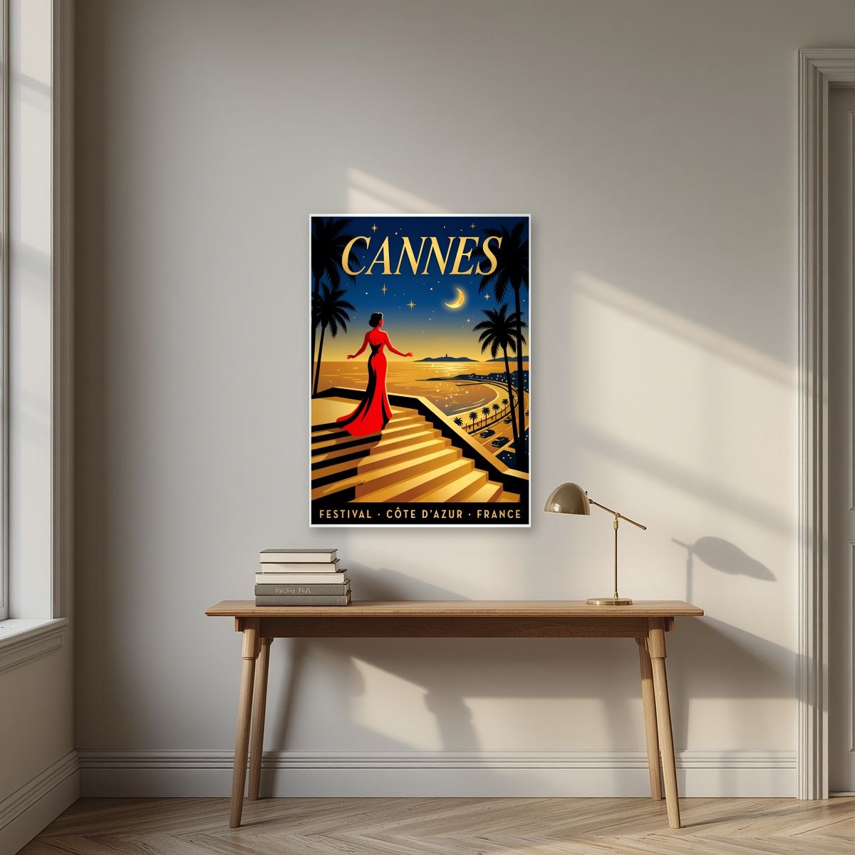 Les Marches — Cannes art print, unframed poster, styled in a desk