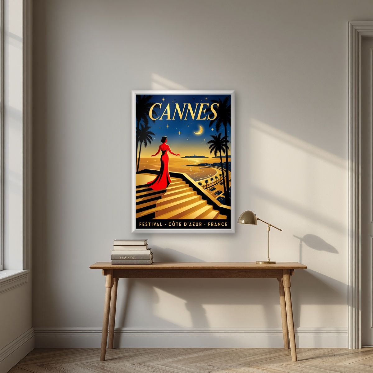 Les Marches — Cannes art print, in a white frame, styled in a desk