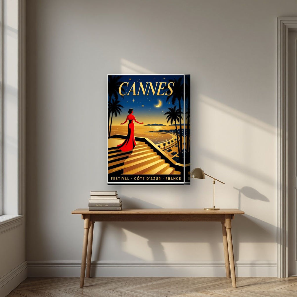 Les Marches — Cannes art print, on thick canvas, styled in a desk