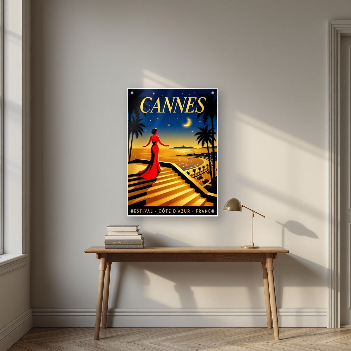 Les Marches — Cannes art print, as an acrylic print, styled in a desk