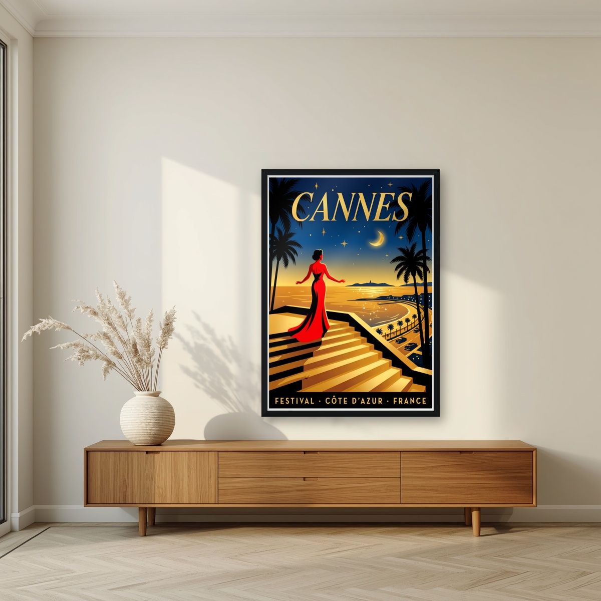 Les Marches — Cannes art print, in a black frame, styled in a living room