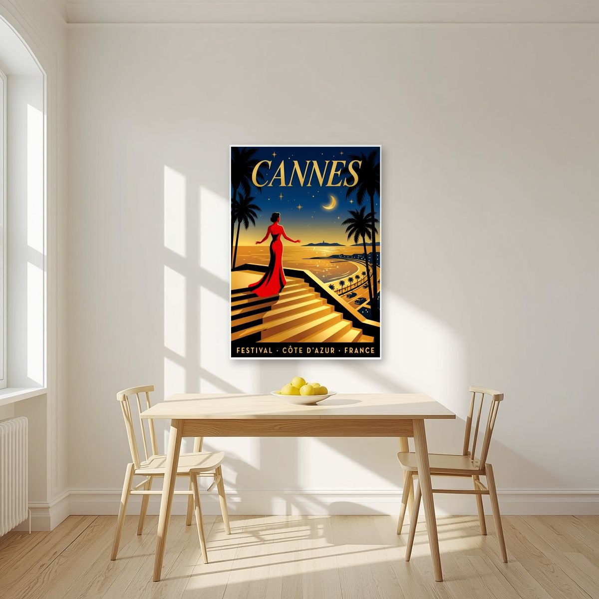 Les Marches — Cannes art print, unframed poster, styled in a kitchen