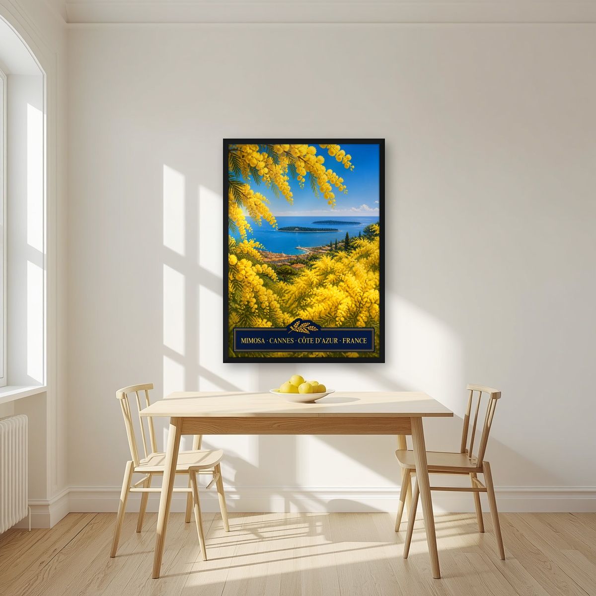 Mimosa — Cannes art print, in a black frame, styled in a kitchen