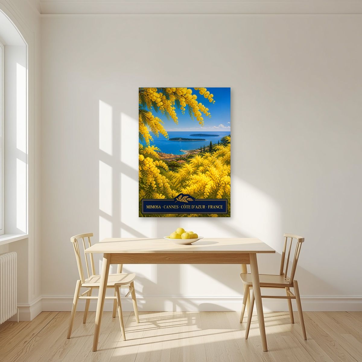 Mimosa — Cannes art print, unframed poster, styled in a kitchen