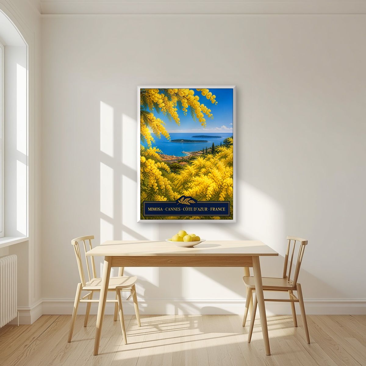 Mimosa — Cannes art print, in a white frame, styled in a kitchen
