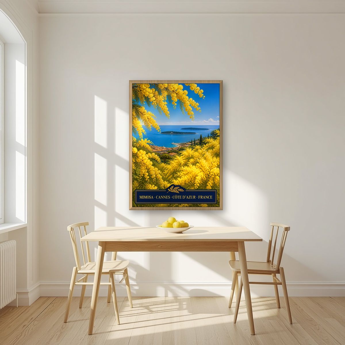 Mimosa — Cannes art print, in an oak frame, styled in a kitchen