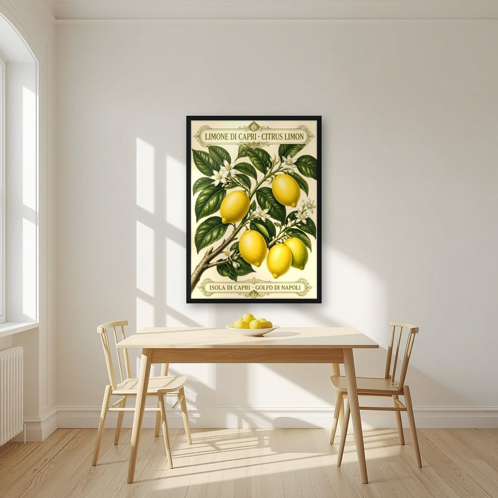 Citrus Limon — Capri art print, in a black frame, styled in a kitchen