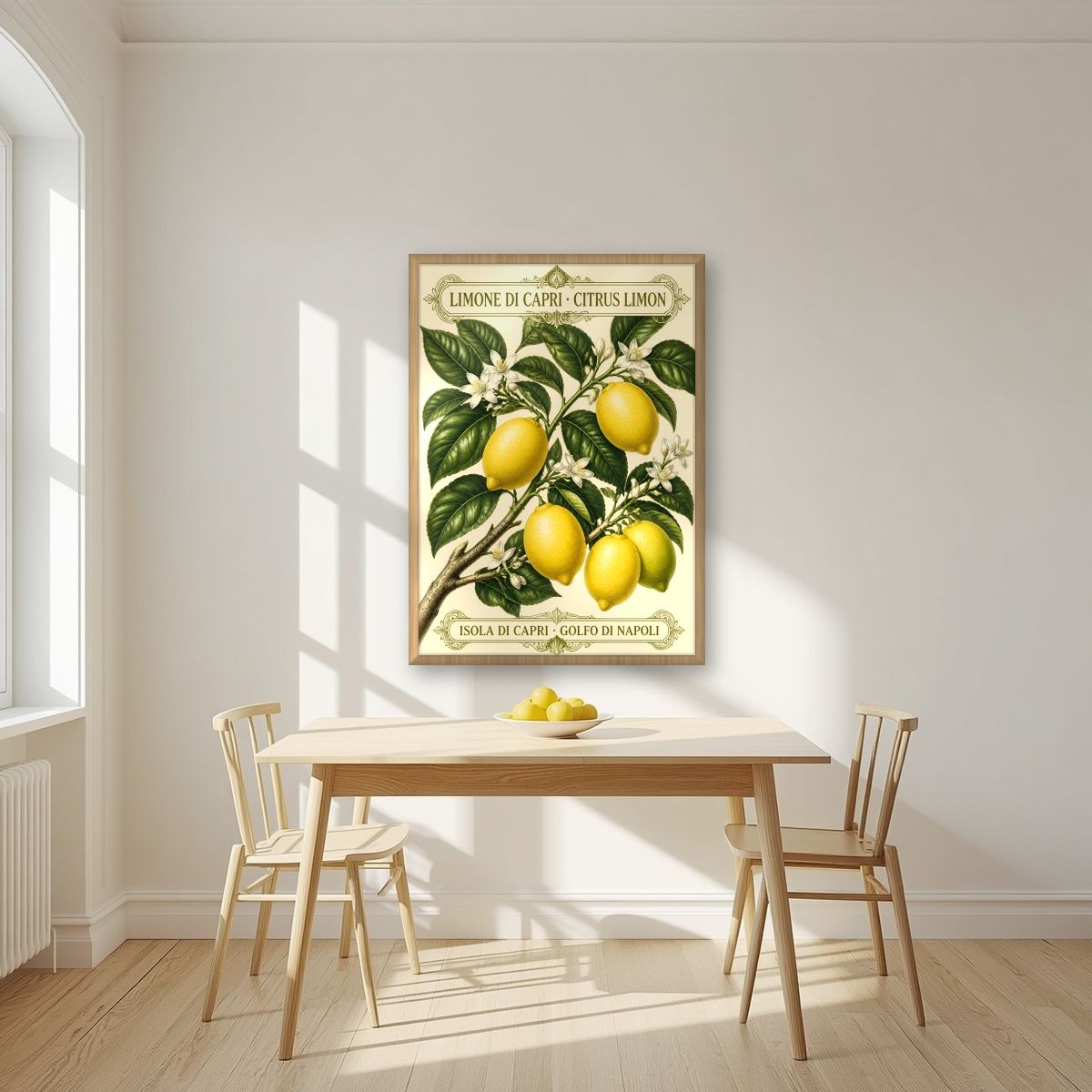 Citrus Limon — Capri art print, in an oak frame, styled in a kitchen