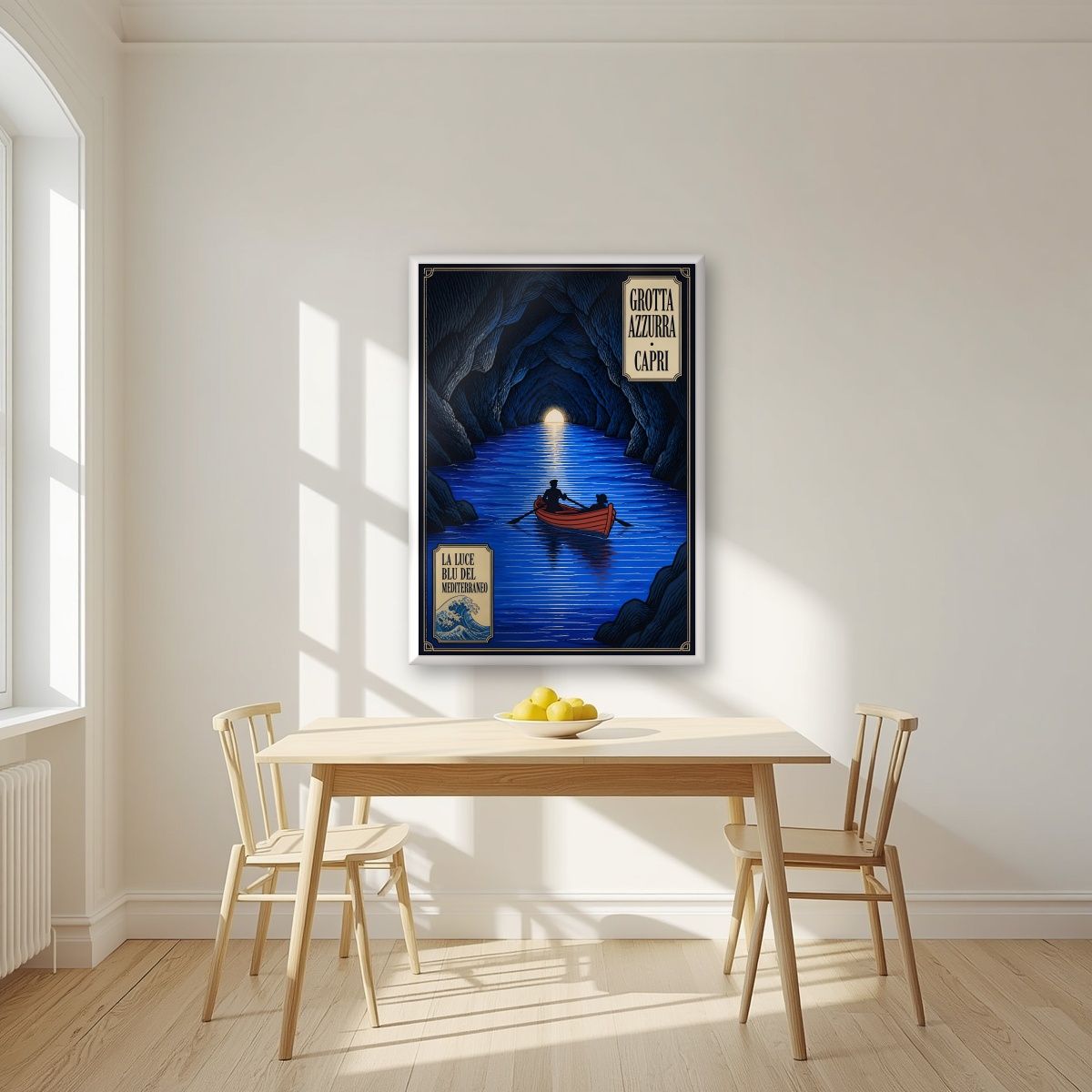 Grotta Azzurra — Capri art print, in a white frame, styled in a kitchen