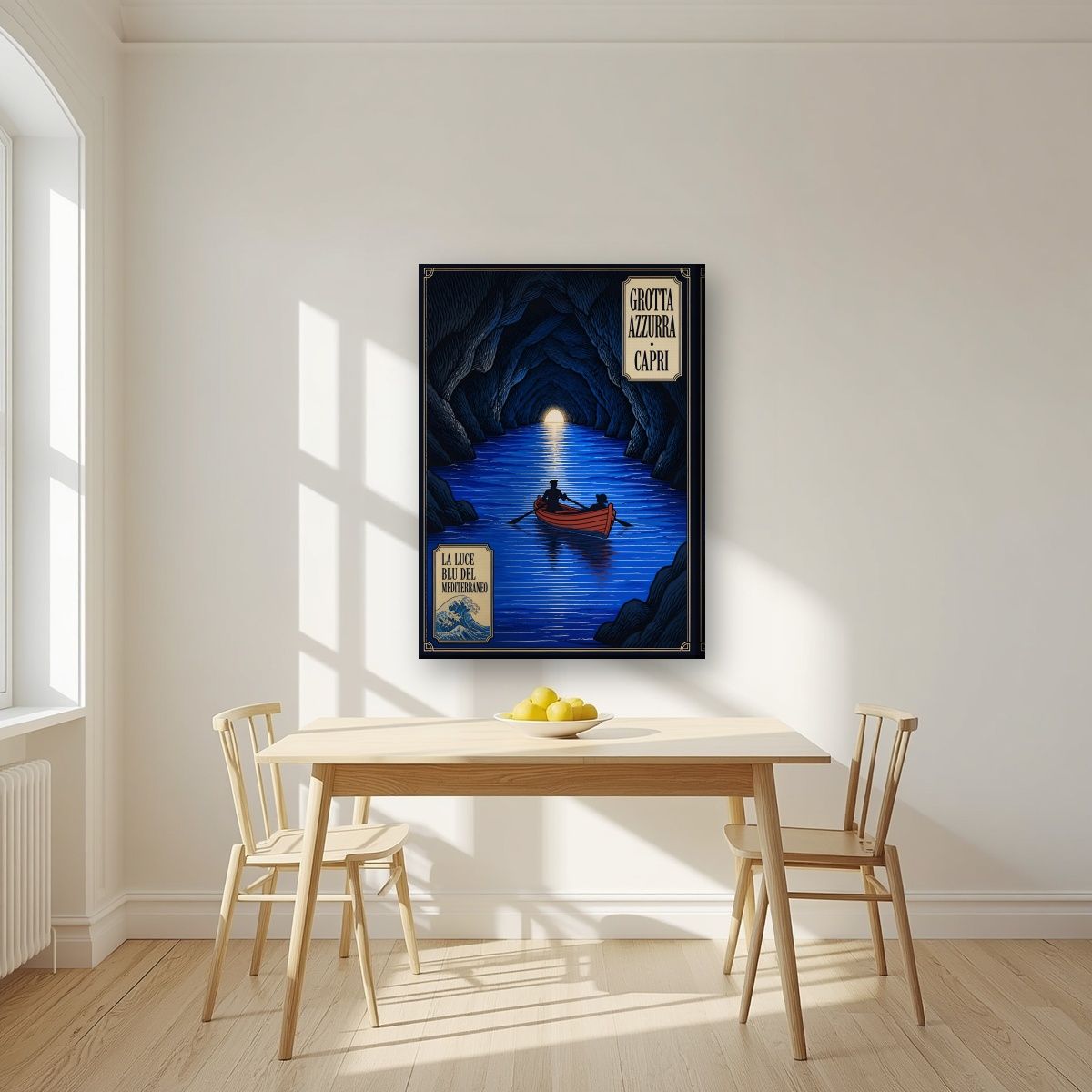 Grotta Azzurra — Capri art print, on slim canvas, styled in a kitchen