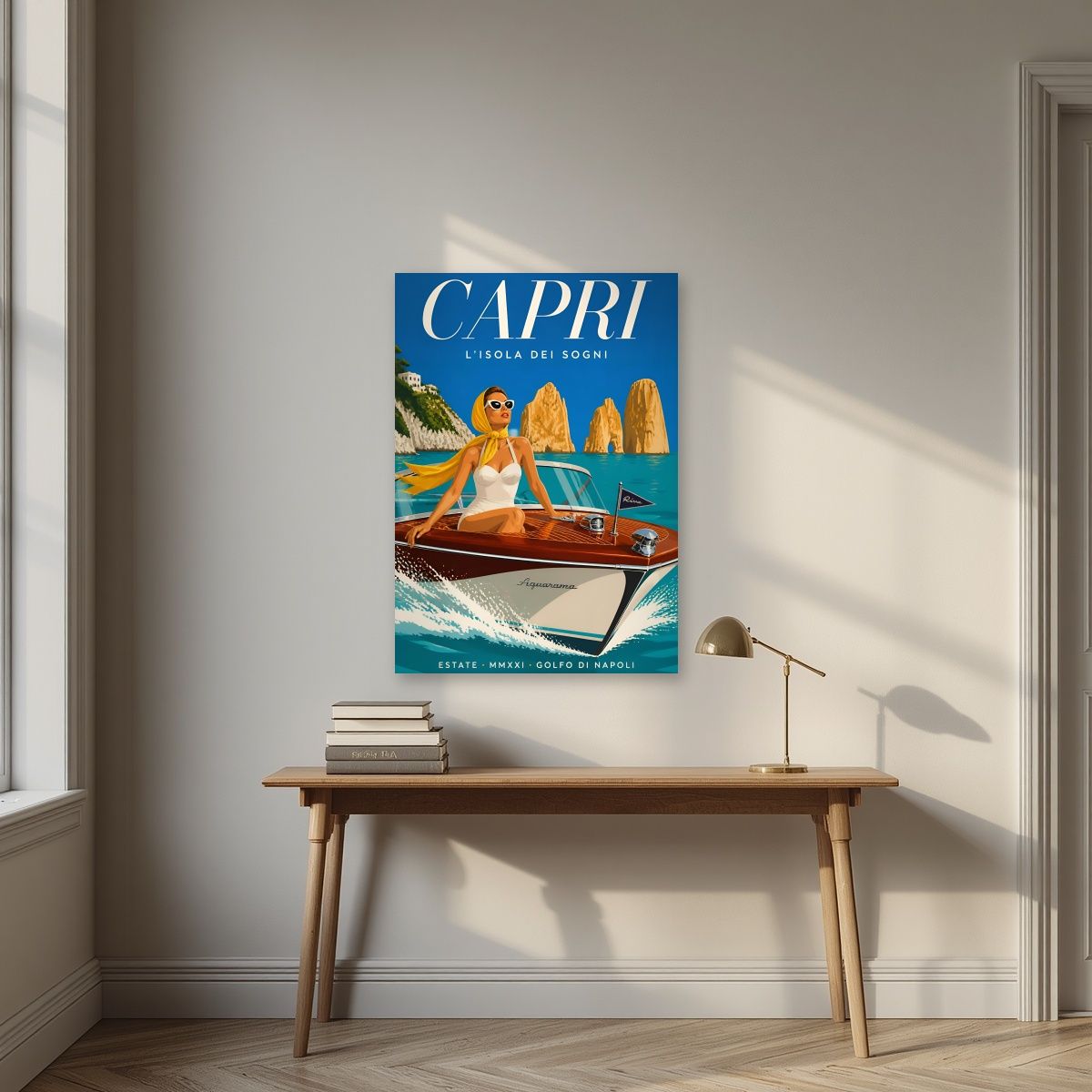 L'Isola Dei Sogni — Capri art print, unframed poster, styled in a desk