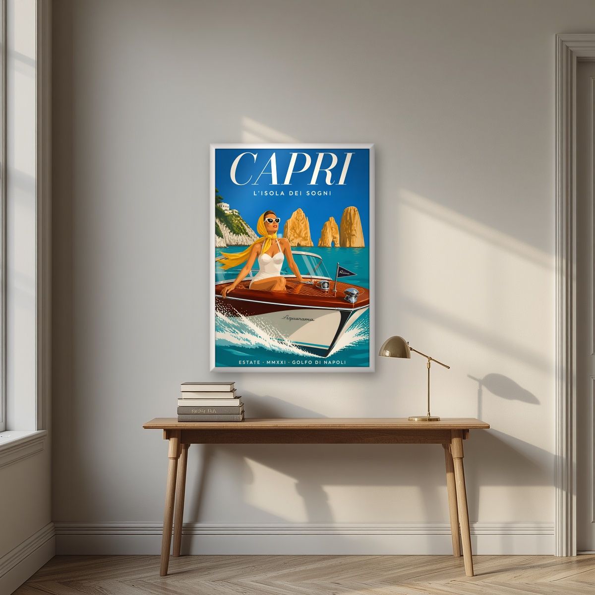 L'Isola Dei Sogni — Capri art print, in a white frame, styled in a desk