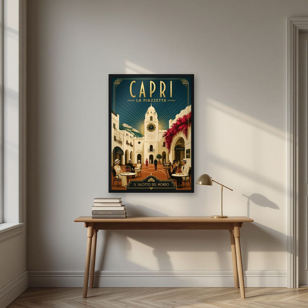 La Piazzetta — Capri art print, in a black frame, styled in a desk