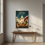 La Piazzetta — Capri art print, in a black frame, styled in a desk