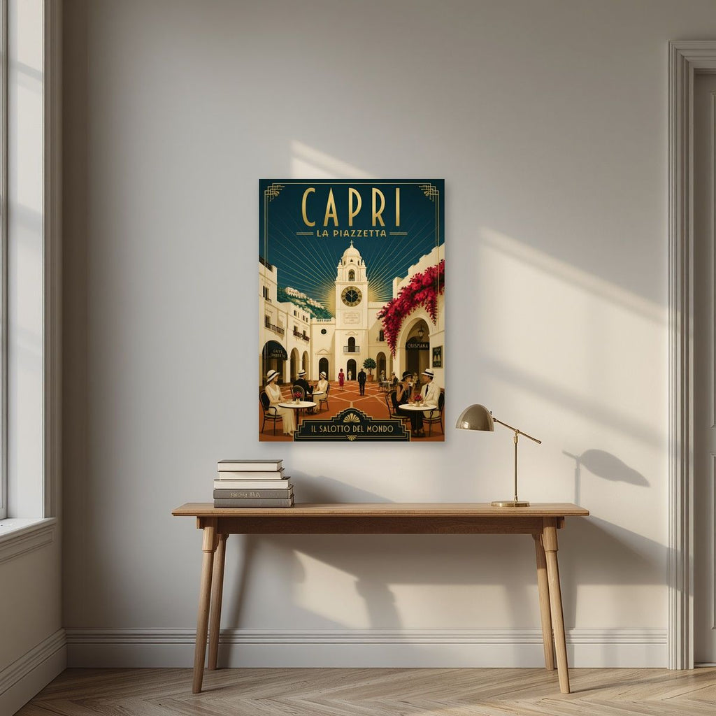 La Piazzetta — Capri art print, unframed poster, styled in a desk