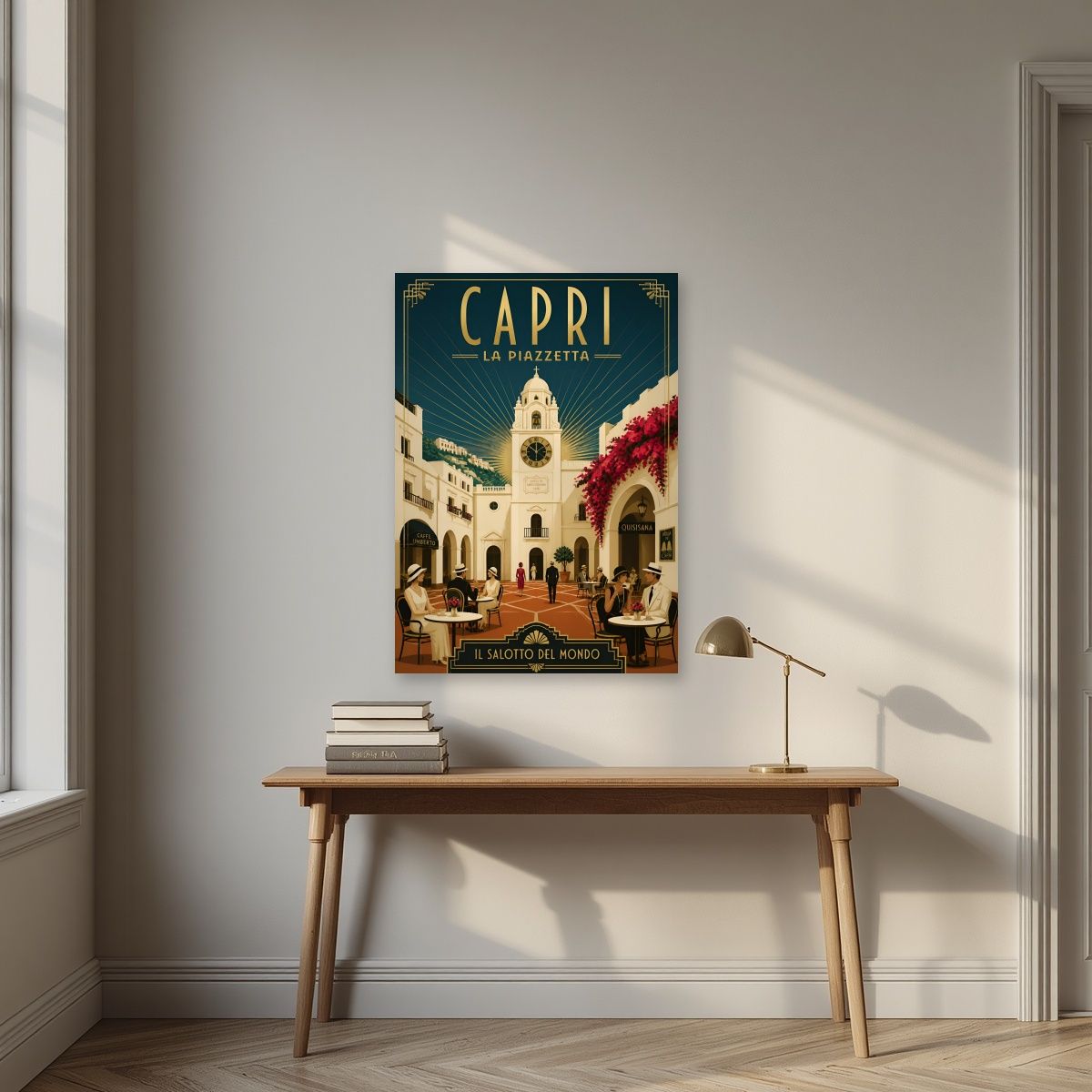 La Piazzetta — Capri art print, unframed poster, styled in a desk