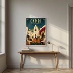 La Piazzetta — Capri art print, in a white frame, styled in a desk