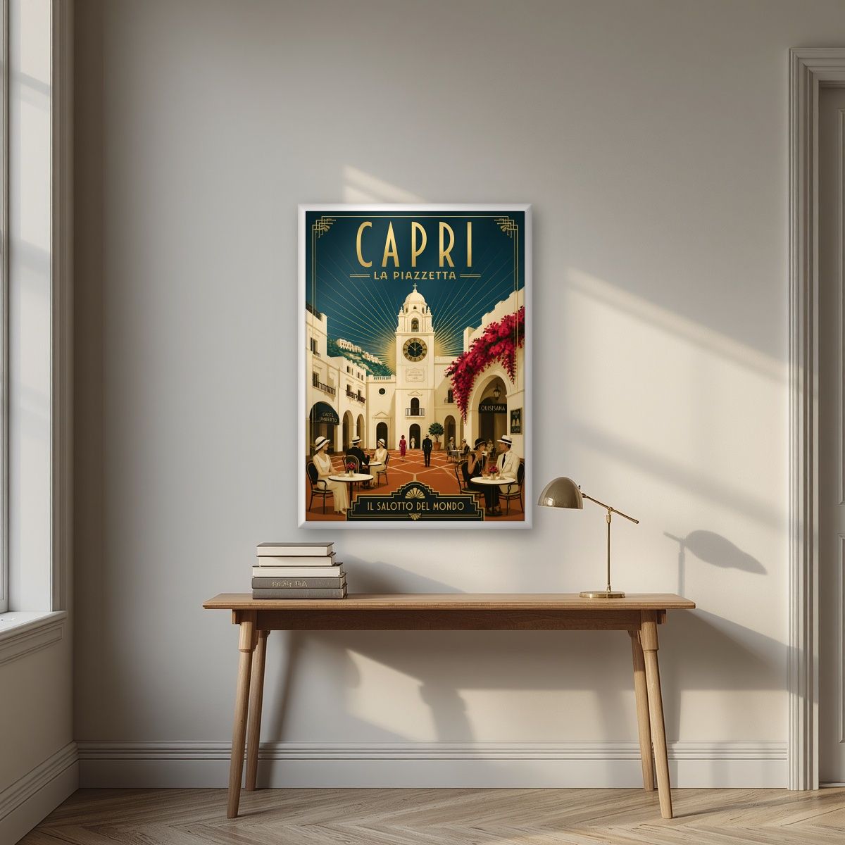 La Piazzetta — Capri art print, in a white frame, styled in a desk
