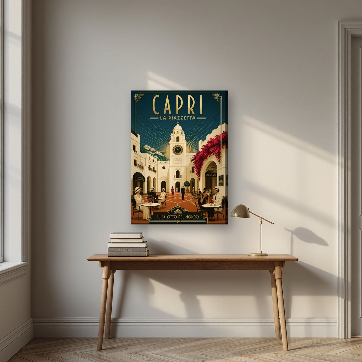 La Piazzetta — Capri art print, on slim canvas, styled in a desk