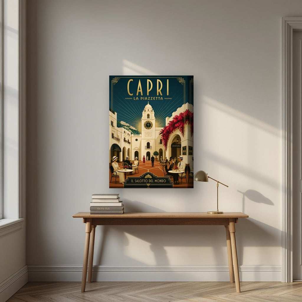 La Piazzetta — Capri art print, on thick canvas, styled in a desk
