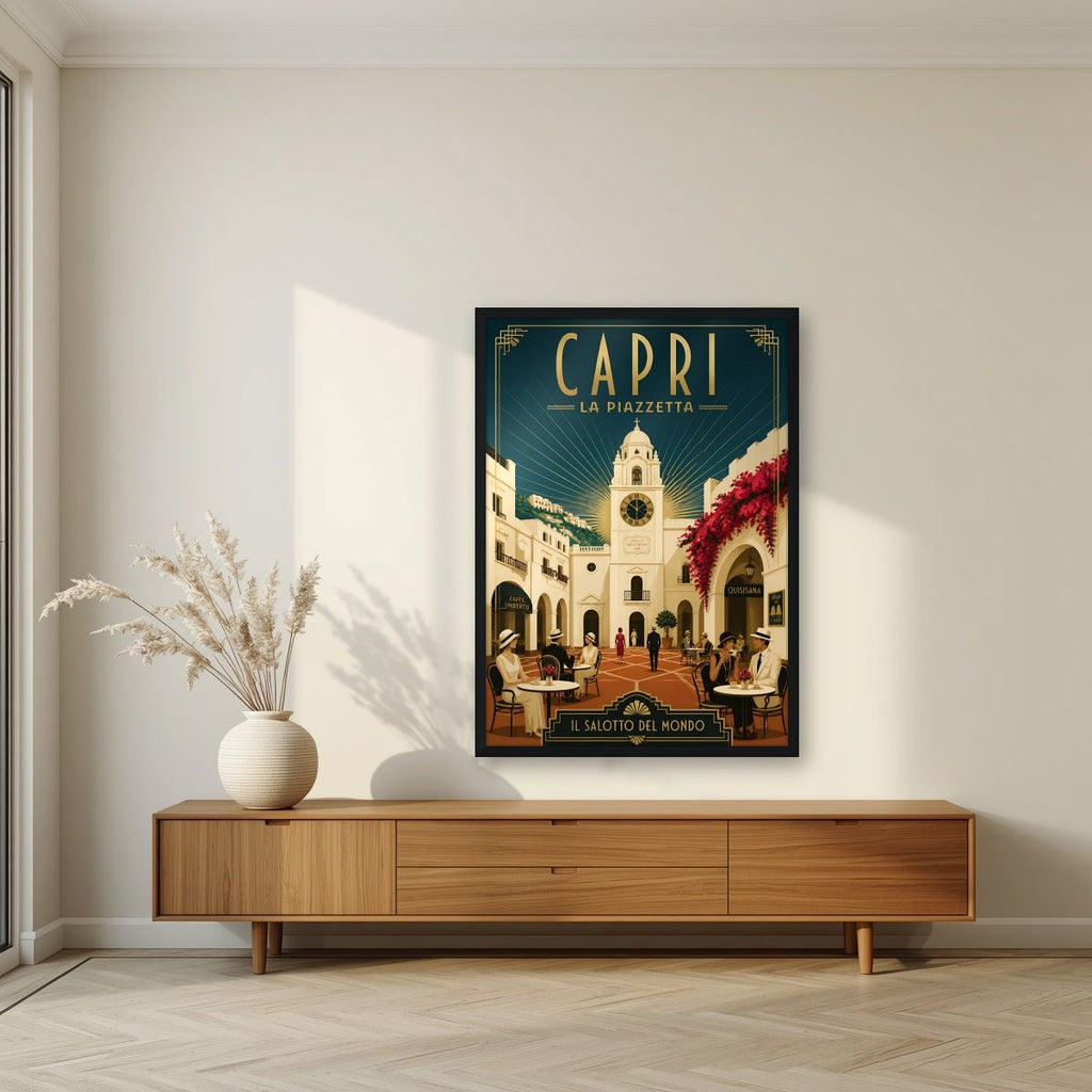 La Piazzetta — Capri art print, in a black frame, styled in a living room